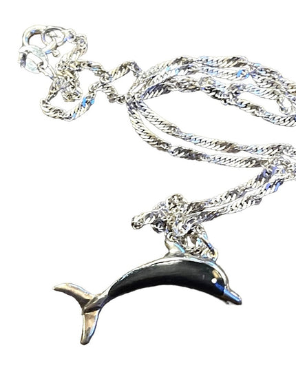Vintage Wood & Sterling 925 Fancy Dolphin pendant Necklace Hawaii