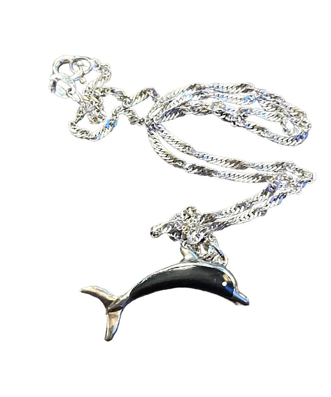 Vintage Wood & Sterling 925 Fancy Dolphin pendant Necklace Hawaii