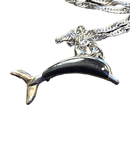 Vintage Wood & Sterling 925 Fancy Dolphin pendant Necklace Hawaii