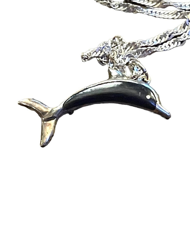Vintage Wood & Sterling 925 Fancy Dolphin pendant Necklace Hawaii