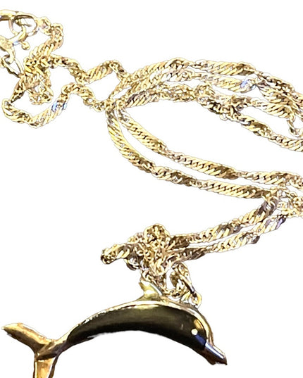 Vintage Wood & Sterling 925 Fancy Dolphin pendant Necklace Hawaii