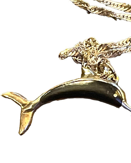 Vintage Wood & Sterling 925 Fancy Dolphin pendant Necklace Hawaii