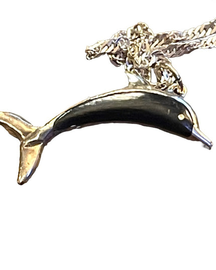 Vintage Wood & Sterling 925 Fancy Dolphin pendant Necklace Hawaii