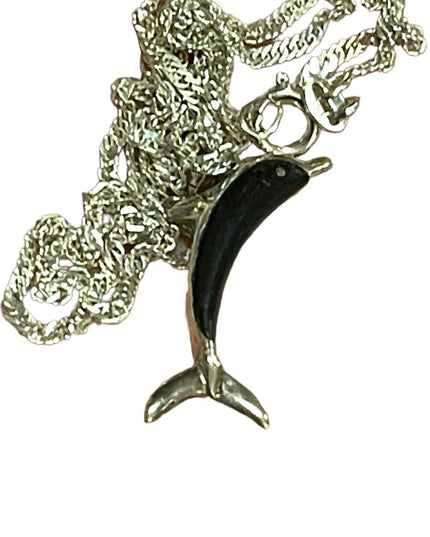 Vintage Wood & Sterling 925 Fancy Dolphin pendant Necklace Hawaii