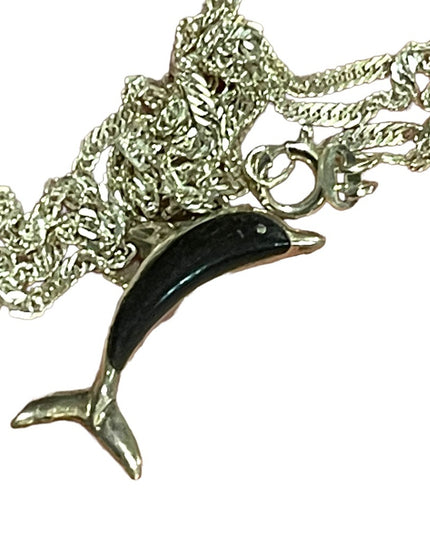 Vintage Wood & Sterling 925 Fancy Dolphin pendant Necklace Hawaii