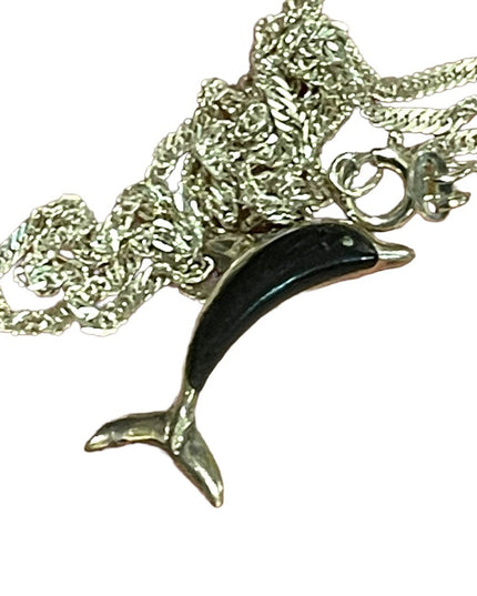 Vintage Wood & Sterling 925 Fancy Dolphin pendant Necklace Hawaii