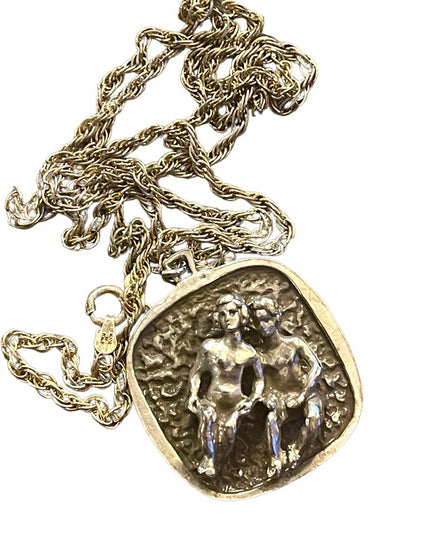 Vintage 1960s Fancy Solid Sterling silver hammered GEMINI Zodiac necklace