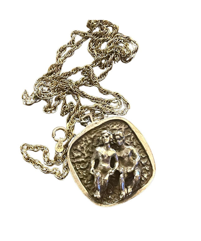 Vintage 1960s Fancy Solid Sterling silver hammered GEMINI Zodiac necklace