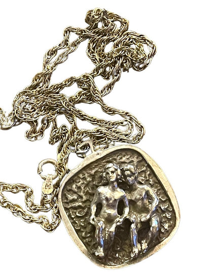 Vintage 1960s Fancy Solid Sterling silver hammered GEMINI Zodiac necklace
