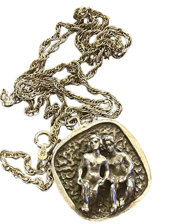 Vintage 1960s Fancy Solid Sterling silver hammered GEMINI Zodiac necklace