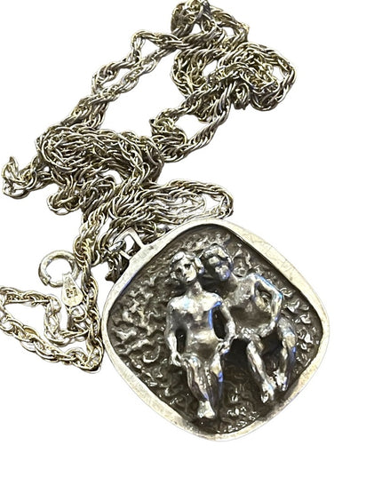 Vintage 1960s Fancy Solid Sterling silver hammered GEMINI Zodiac necklace