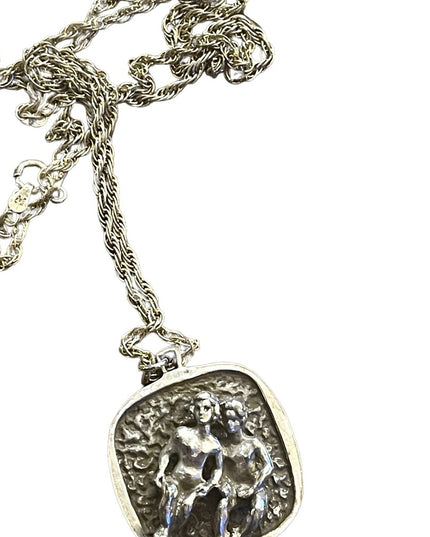 Vintage 1960s Fancy Solid Sterling silver hammered GEMINI Zodiac necklace