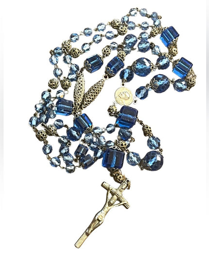 Antique Italian Catholic Rosary Silver finish delicate filagree & Blue glass