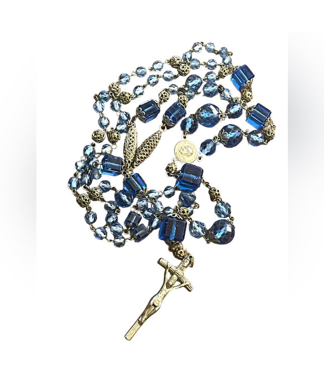 Antique Italian Catholic Rosary Silver finish delicate filagree & Blue glass