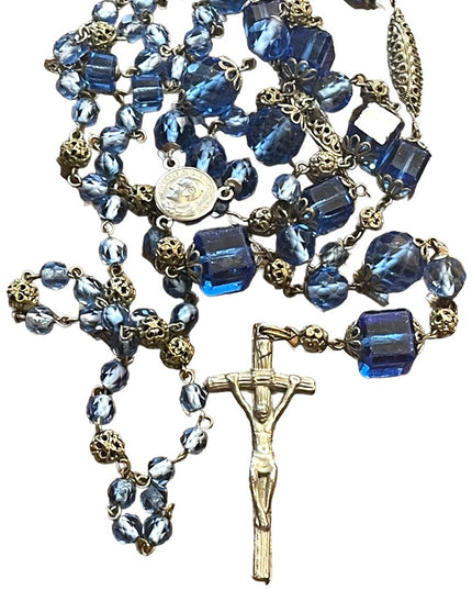 Antique Italian Catholic Rosary Silver finish delicate filagree & Blue glass