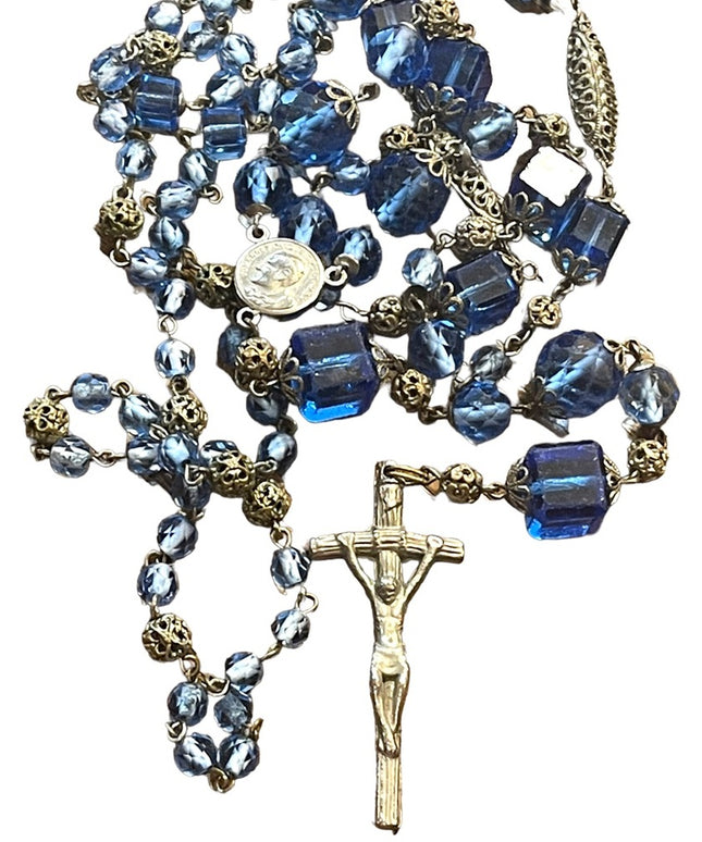 Antique Italian Catholic Rosary Silver finish delicate filagree & Blue glass