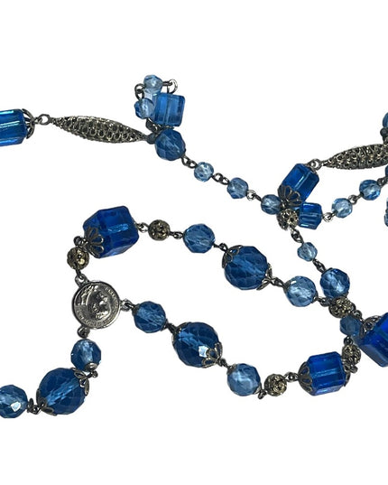 Antique Italian Catholic Rosary Silver finish delicate filagree & Blue glass