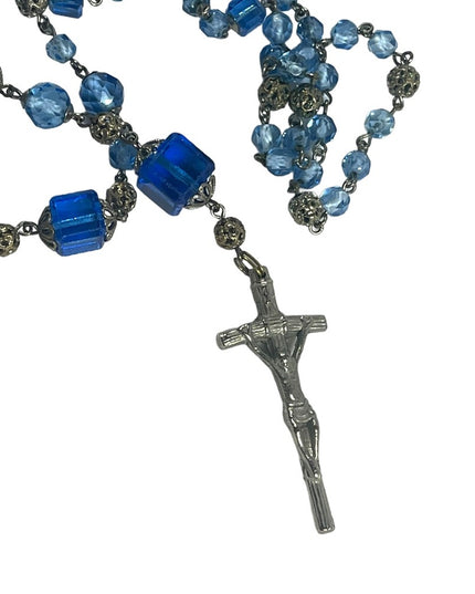 Antique Italian Catholic Rosary Silver finish delicate filagree & Blue glass