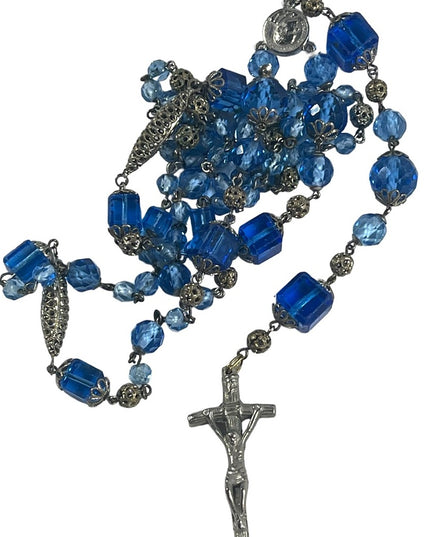 Antique Italian Catholic Rosary Silver finish delicate filagree & Blue glass