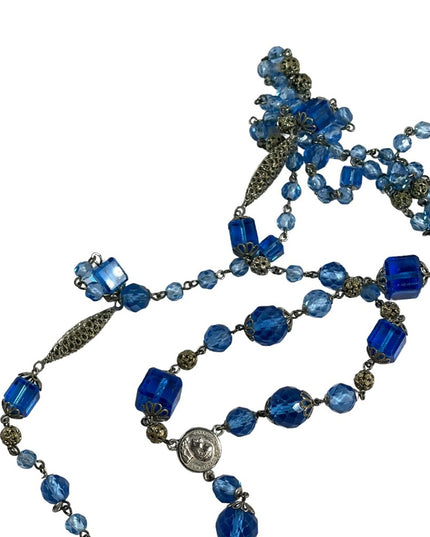 Antique Italian Catholic Rosary Silver finish delicate filagree & Blue glass