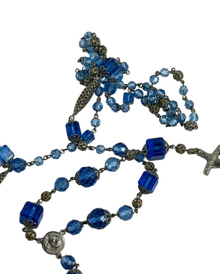 Antique Italian Catholic Rosary Silver finish delicate filagree & Blue glass