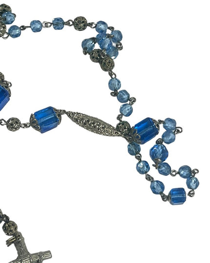 Antique Italian Catholic Rosary Silver finish delicate filagree & Blue glass