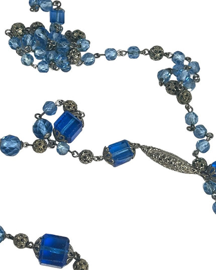 Antique Italian Catholic Rosary Silver finish delicate filagree & Blue glass