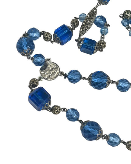 Antique Italian Catholic Rosary Silver finish delicate filagree & Blue glass