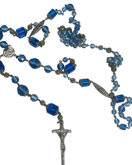 Antique Italian Catholic Rosary Silver finish delicate filagree & Blue glass