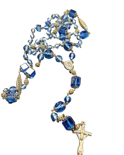 Antique Italian Catholic Rosary Silver finish delicate filagree & Blue glass