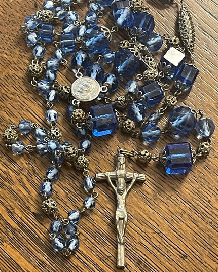 Antique Italian Catholic Rosary Silver finish delicate filagree & Blue glass