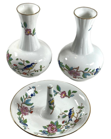 Vintage Aynsley Pembroke LOT 2 Vases & Ring holder Birds fine china England VG