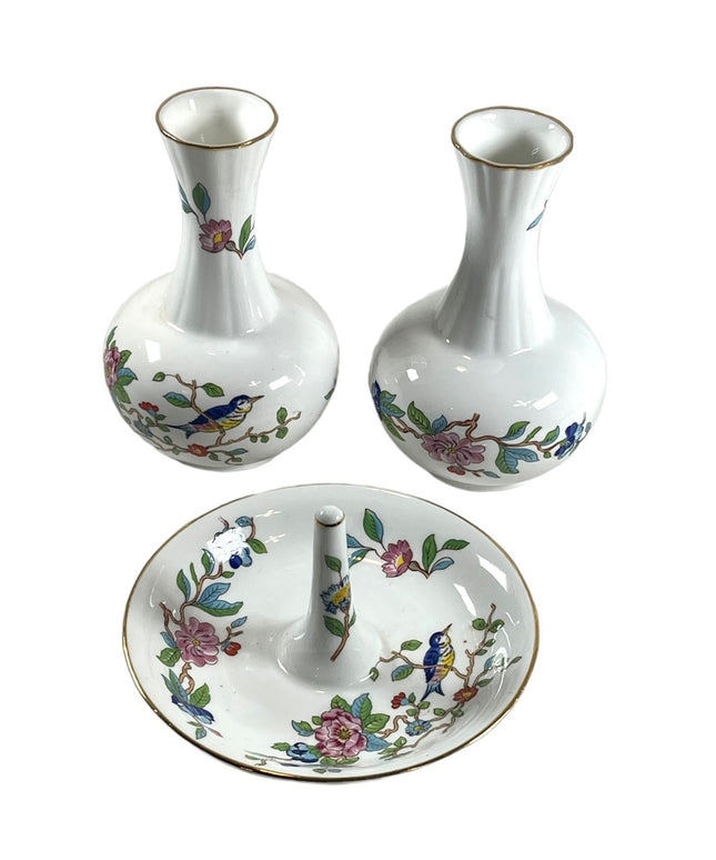 Vintage Aynsley Pembroke LOT 2 Vases & Ring holder Birds fine china England VG