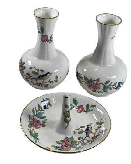 Vintage Aynsley Pembroke LOT 2 Vases & Ring holder Birds fine china England VG