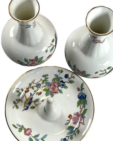 Vintage Aynsley Pembroke LOT 2 Vases & Ring holder Birds fine china England VG