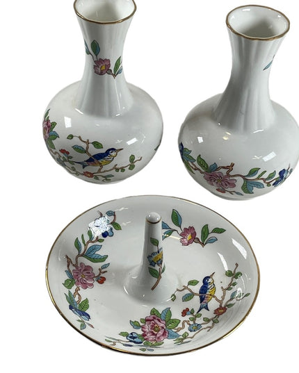 Vintage Aynsley Pembroke LOT 2 Vases & Ring holder Birds fine china England VG