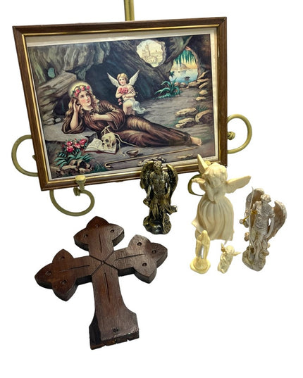 Vintage Lot of Religious collectibles Cross wood Handmade Antique Statues Angels