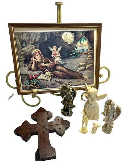 Vintage Lot of Religious collectibles Cross wood Handmade Antique Statues Angels
