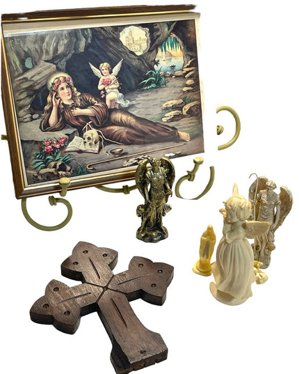Vintage Lot of Religious collectibles Cross wood Handmade Antique Statues Angels