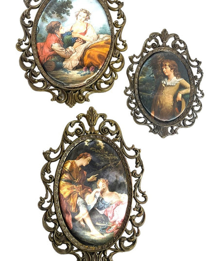 LOT of 3 Metal 1950s Silk print  Italy Fabric Wall hanging Victorian Scenes