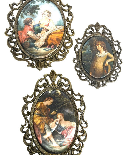 LOT of 3 Metal 1950s Silk print  Italy Fabric Wall hanging Victorian Scenes