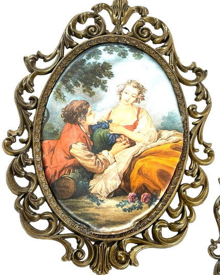 LOT of 3 Metal 1950s Silk print  Italy Fabric Wall hanging Victorian Scenes