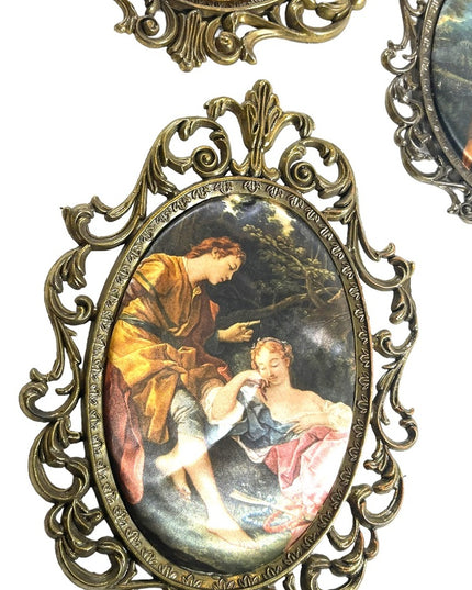 LOT of 3 Metal 1950s Silk print  Italy Fabric Wall hanging Victorian Scenes