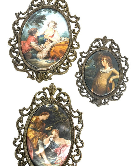 LOT of 3 Metal 1950s Silk print  Italy Fabric Wall hanging Victorian Scenes