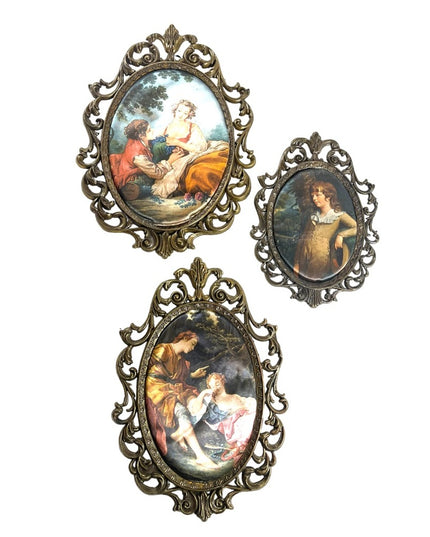 LOT of 3 Metal 1950s Silk print  Italy Fabric Wall hanging Victorian Scenes