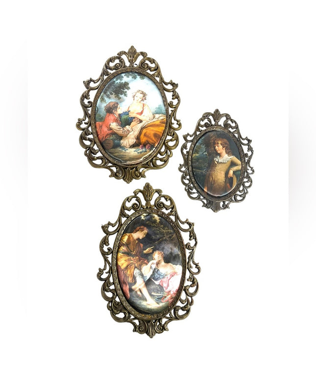 LOT of 3 Metal 1950s Silk print  Italy Fabric Wall hanging Victorian Scenes