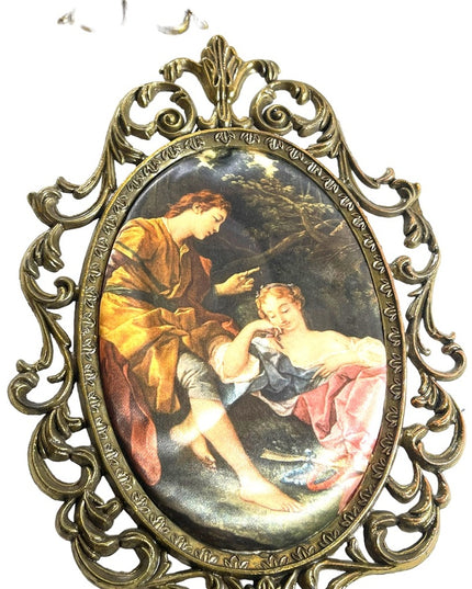LOT of 3 Metal 1950s Silk print  Italy Fabric Wall hanging Victorian Scenes