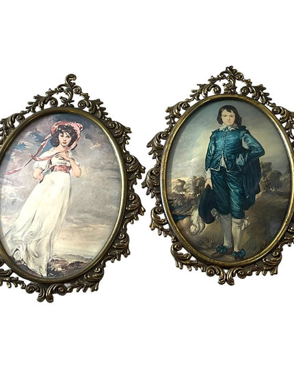 Vintage Ornate Metal framed Pinky & Blue Boy Italian Convex glass frame prints