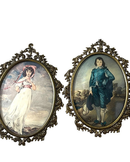 Vintage Ornate Metal framed Pinky & Blue Boy Italian Convex glass frame prints
