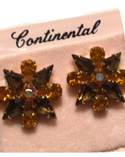 Vintage NWT Continental brown amber crystal flower pierced earrings